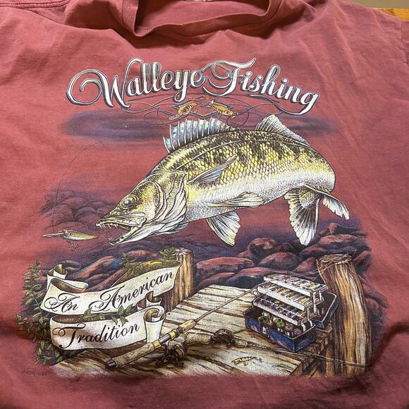 Vintage 90s Red Fishing Tee XL Walleye Outdoors Lure Dad Angler Nature Wildlife - Picture 2 of 6